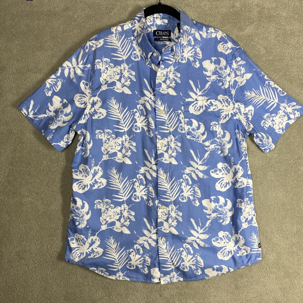 Chaps Mens Large Blue White Tropical Floral Go Untucked Button Down Shirt